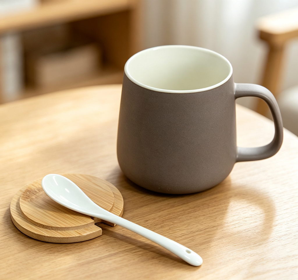 Matte Taupe Trapezoid Ceramic Mug with Bamboo Lid & Ceramic Spoon