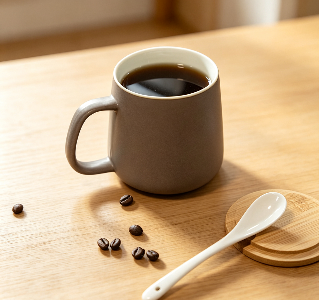 Matte Taupe Trapezoid Ceramic Mug with Bamboo Lid & Ceramic Spoon