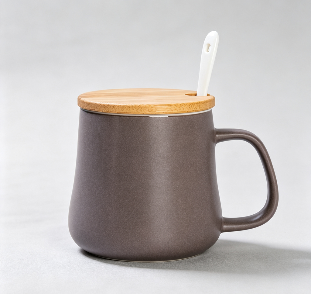 Matte Taupe Trapezoid Ceramic Mug with Bamboo Lid & Ceramic Spoon