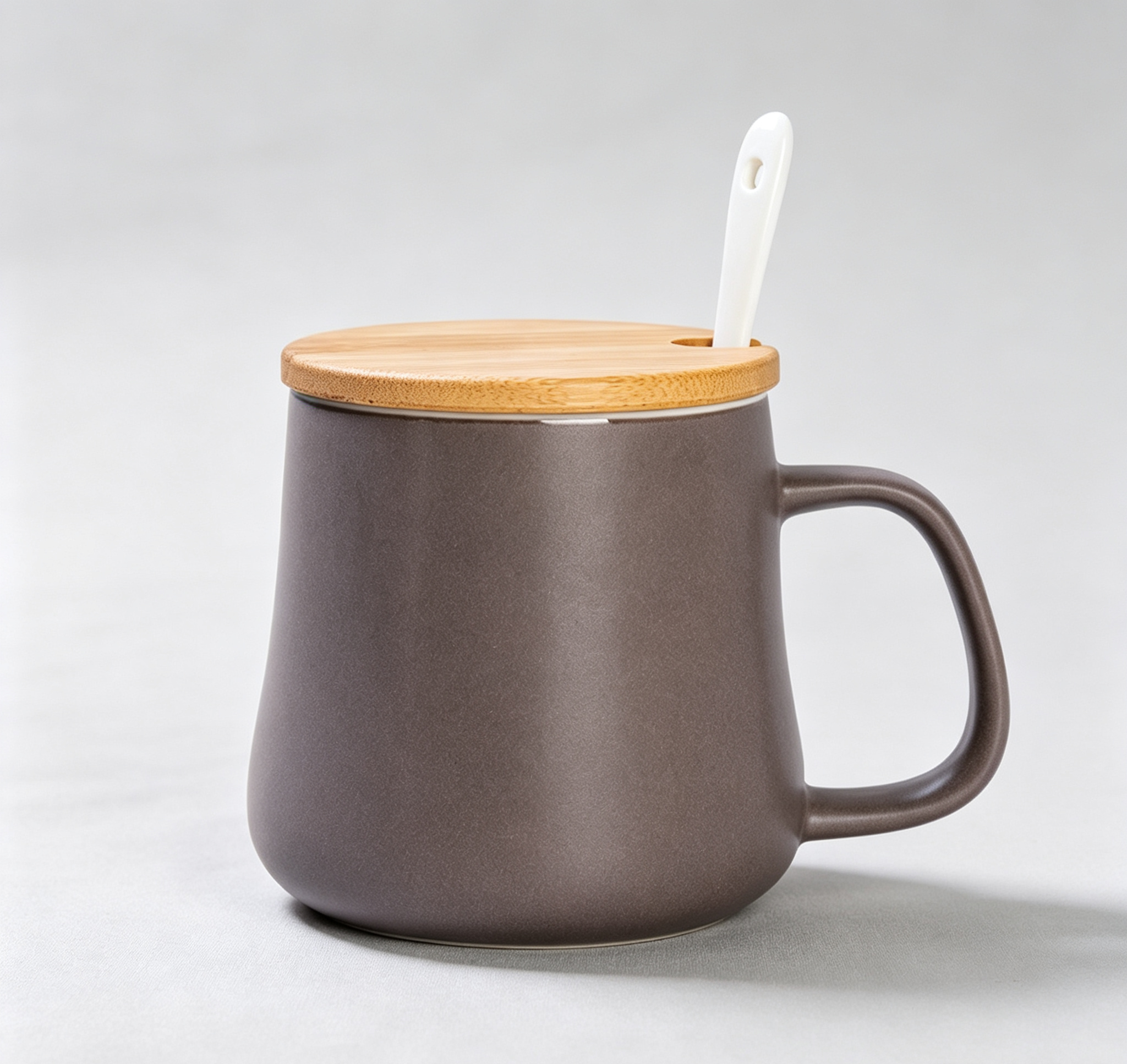 Matte Taupe Trapezoid Ceramic Mug with Bamboo Lid & Ceramic Spoon